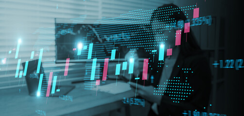 Double exposure banner trader making cash profit trading foreign exchange market, digital crypto currency exchange market, and stock market using computer display graph device, working home office