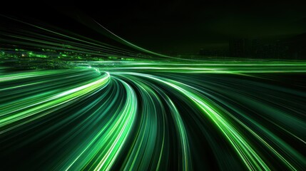 A dynamic, abstract representation of green light trails, suggesting speed and motion.