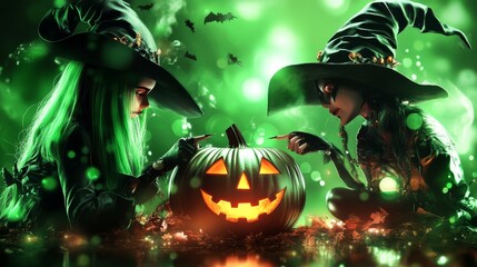 Eerie forest clearing. Two silhouetted witch figures flank a glowing jack-o'-lantern. Misty green atmosphere. Dark tree shadows. Magical sparks and floating leaves. 