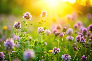 High angle view of blooming aromatic herbs in bright meadow