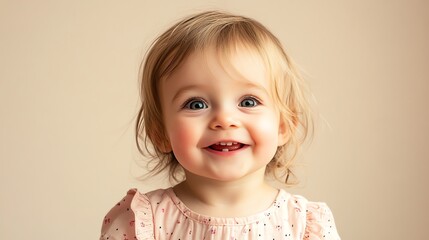 Poster - A baby girl with blonde hair and blue eyes smiles brightly.