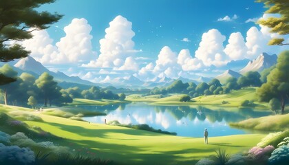 Sticker - Vibrant anime-style natural landscape showcasing lush greenery and whimsical skies