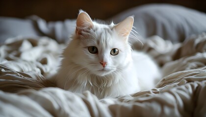 Wall Mural - Cozy white cat relaxing on a soft bed