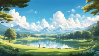 Sticker - Vibrant anime-style natural landscape showcasing lush greenery and whimsical skies