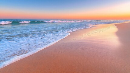 Wall Mural - A serene sunset over the ocean with gentle waves lapping on a sandy beach.