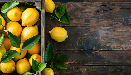 Wall Mural - wooden box of fresh lemons with leaves on a wooden background, top view