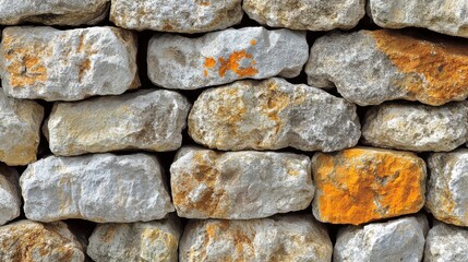 Poster - A rustic stone wall with weathered stones and a touch of orange lichen, showcasing the natural beauty of time and texture