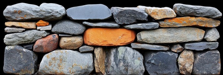 Poster - A close-up view of a stone wall constructed with irregularly shaped stones, showcasing a variety of natural textures, colors, and patterns, revealing the craftsmanship and resilience of the wall