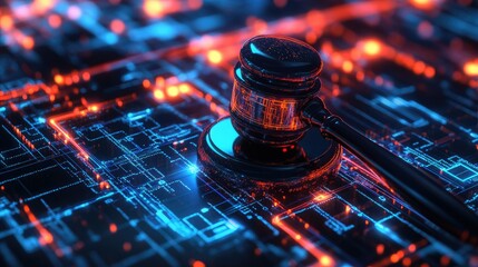 Gavel on an abstract glowing tech interface, representing the shift toward digital law enforcement.