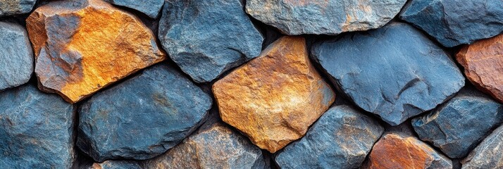 Poster - A Textured Stone Wall Composed of Irregularly Shaped Rocks in Shades of Blue, Brown, and Rust, Creating a Visually Interesting and Tactile Surface