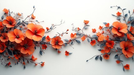 Wall Mural - Vibrant orange flowers with delicate leaves on a light background.