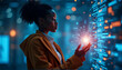 © LuisAlfonso - Threat from AI cyber security, female African American IT specialist analyzing data from futuristic holographic applications. Banner for the concept of artificial intelligence and augmented reality in