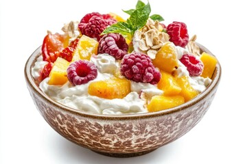 Wall Mural - Bowl of fresh fruit salad and greek yogurt isolated on white background - generative ai