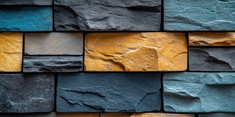 Poster - A textured brick wall with a captivating blend of gray, blue, and gold hues  The natural rock forms create a unique and visually appealing surface
