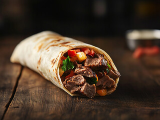 A mixed beef and vegetable shawarma wrap, on a wooden table with a dark background.