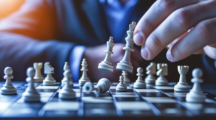 Canvas Print - Two people play chess, hands reach toward the board to move pieces.