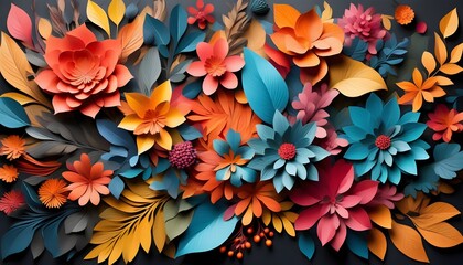 Psychedelic Abstract Floral Background Featuring Chaotic Colored Leaf Stickers in Computer Graphics Design