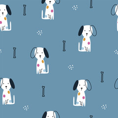 A playful pattern featuring cartoon dogs and bones on a blue background, perfect for pet-themed designs or children's decor.