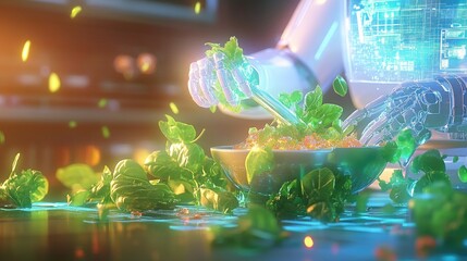 Ai robot preparing a fresh salad with vibrant ingredients in a futuristic kitchen