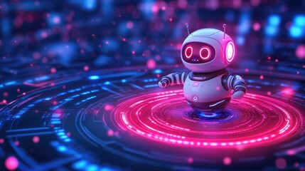 Futuristic robot in neon digital landscape with sci-fi technology