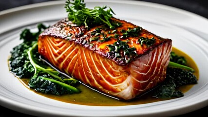 Canvas Print -  Deliciously grilled salmon with a vibrant sauce and fresh greens