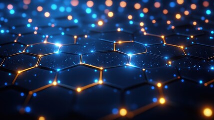 Aufkleber - A mesmerizing abstract representation of a connected network of hexagonal cells, illuminated with vibrant blue and warm orange lights, creating a futuristic and dynamic digital landscape.