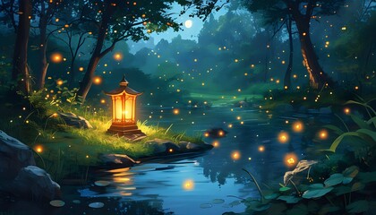 Wall Mural - Enchanting nocturnal forest with radiant lanterns, a peaceful pond, and shimmering fireflies lighting up vibrant foliage