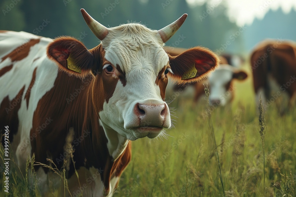 Cows are grazing on a meadow. Cattle cow pasture in a green field ...