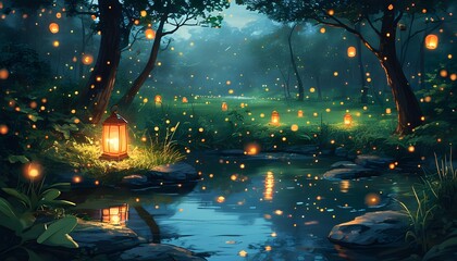 Wall Mural - Enchanting nocturnal forest with radiant lanterns, a peaceful pond, and shimmering fireflies lighting up vibrant foliage