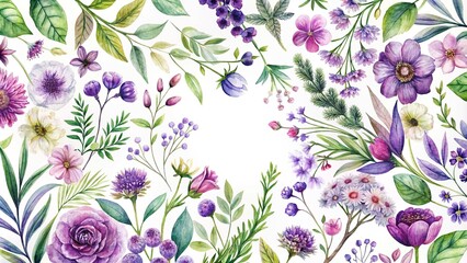 High angle watercolor pattern of purple flowers and wild herbs