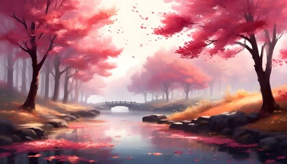 Wall Mural - Autumn walkway adorned with vibrant pink leaves beneath an overhanging canopy