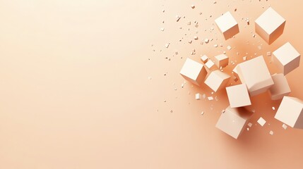 Wall Mural - An abstract image of white cubes exploding on a peach background.