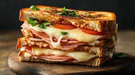 Poster - A toasted ham and cheese sandwich with tomato and lettuce.