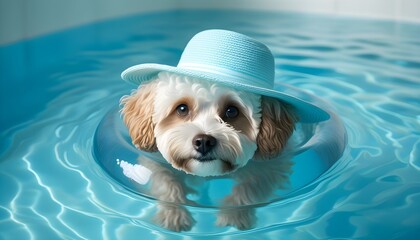 Wall Mural - Joyful puppy enjoying summer fun in a colorful pool float, capturing playful moments from a high angle perspective