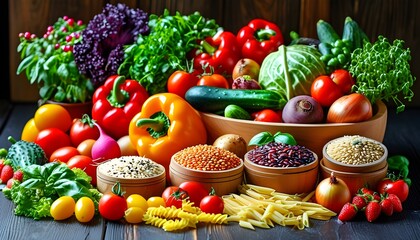 Wall Mural - Vibrant display of fresh vegetables, fruits, grains, and pasta in rustic containers on a dark wooden background