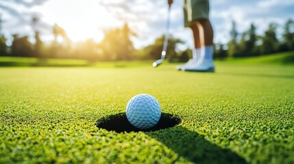 Sticker - A golfer is about to putt a golf ball into the hole on the green.