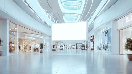 A blank white billboard mockup inside a modern shopping mall, with sleek architectural elements and bright lighting.