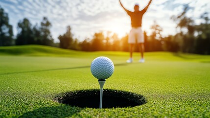 Poster - A golfer celebrates sinking a golf ball into the hole.