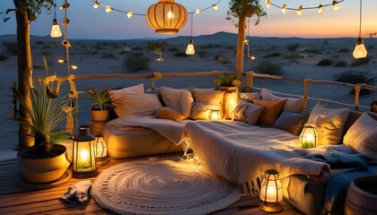 Charming desert terrace featuring a hammock, lanterns, and plants illuminated by twinkling lights at sunrise or sunset