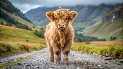 Highland calf standing on trail in mountain grass