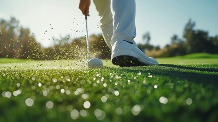 Canvas Print - A golfer swings his club at a golf ball on the green.