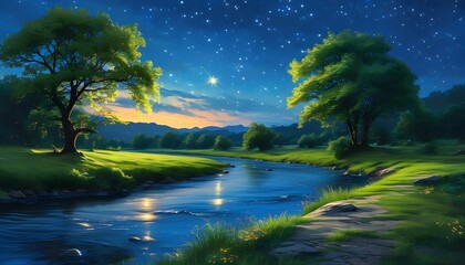 Wall Mural - Tranquil night scene featuring a flowing river, lush greenery, and a starry sky creating a serene atmosphere