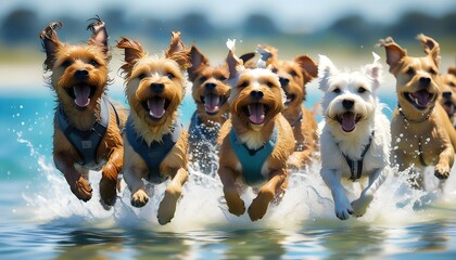 Wall Mural - Energetic dogs frolic in the water, joyfully leaping along the beach with a stick