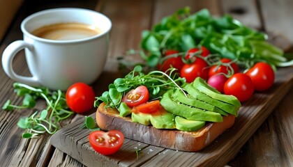 Wall Mural - Delicious avocado toast topped with cherry tomatoes and microgreens beside a steaming cup of coffee on a rustic wooden table