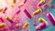 © Valentyna Prudnikova - Vibrant pink and yellow capsules float in a dreamy, colorful haze, creating a mesmerizing pharmaceutical landscape. Tiny particles surround the pills in motion.