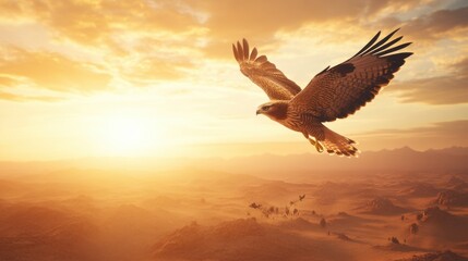 Wall Mural - Majestic Eagle Soaring Above Golden Landscape at Sunrise