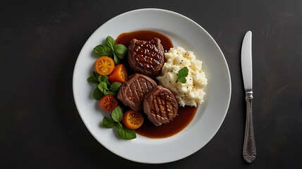 Top view of roast beef spicy covered in demi-glace gravy with mashed potatoes on a plate Churrasco on copy space plate isolated on a white background