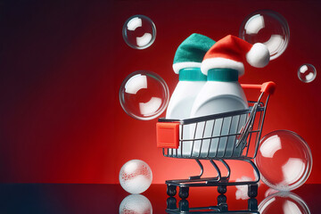 Miniature shopping cart on reflective surface with red background holds two white bottles with green caps and Christmas hats. Transparent bubbles float around, theme of shopping for home essentials.