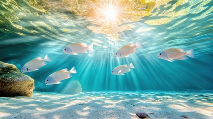 Sticker - Underwater Scene with Fish and Sunlight Rays