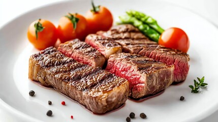 Sticker - A plate of meat with mushroom sauce and a sprig of thyme.